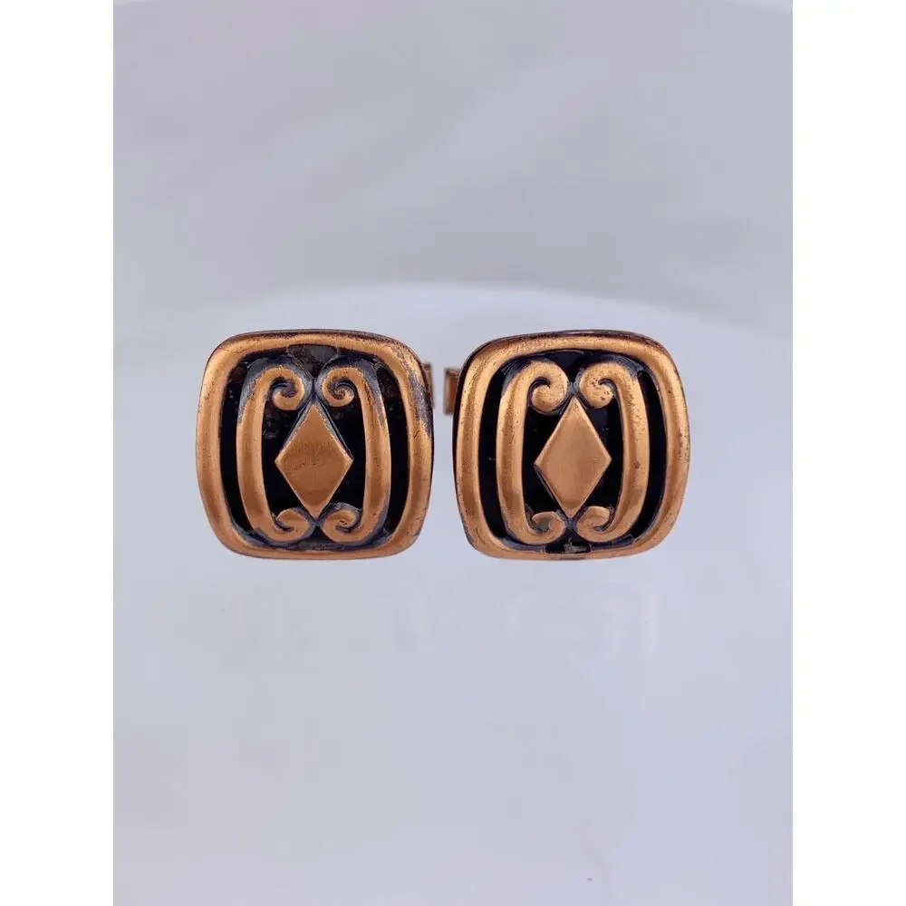 Copper & Black Modernist Scroll Cufflinks Diamond Modern Vintage L1
